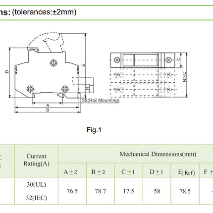 VCB10-30 2P 1000V, DIN Rail Mount Fuse Holder Two Pole for 10.3x38mm, 1000VAC/DC Fuses up to 32 Amp Rating