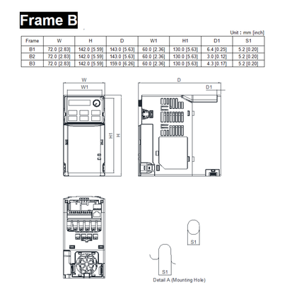 VFD4A2MS43ANSAA, 3 Phase Variable Frequency Drive, 460VAC, 1.5kW, 3.2 Amp (Normal Duty)/3.5 Amp (Heavy Duty), 460VAC L-L, 0.1-599 Hz, 142x72x143mm