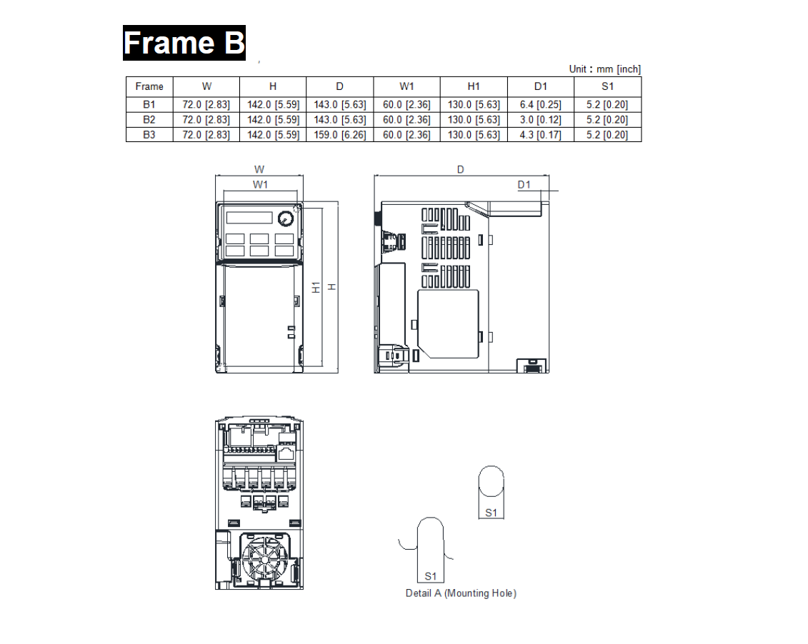 VFD4A2MS43ANSAA, 3 Phase Variable Frequency Drive, 460VAC, 1.5kW, 3.2 Amp (Normal Duty)/3.5 Amp (Heavy Duty), 460VAC L-L, 0.1-599 Hz, 142x72x143mm