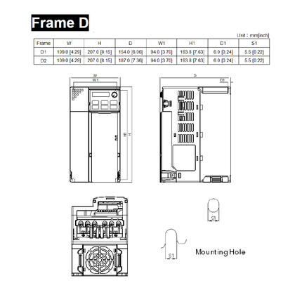 VFD13AMS43ANSAA, 3 Phase Variable Frequency Drive, 460VAC, 13 Amp (Normal Duty)/15.7 Amp (Heavy Duty), 460VAC L-L, 0.1-599 Hz, 207x109x187mm