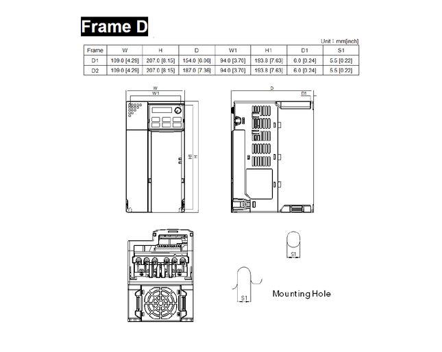 VFD13AMS43ANSAA, 3 Phase Variable Frequency Drive, 460VAC, 13 Amp (Normal Duty)/15.7 Amp (Heavy Duty), 460VAC L-L, 0.1-599 Hz, 207x109x187mm