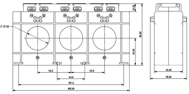3PH185-37(45) 630, Class 1, 5VA 630 Amp, 5 Amp Output, 3 Phase Current Transformer, Panel Mount, Busbar Mount