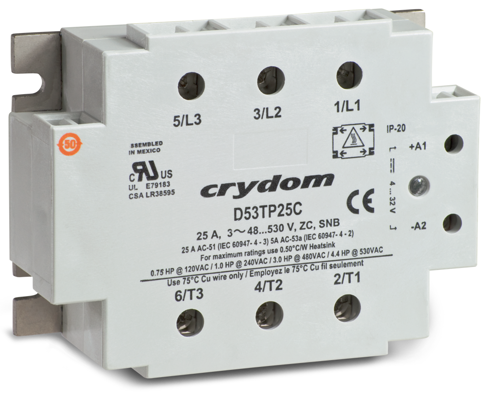 E53TP25C, Solid State Relay, 3 Phase 18-36VAC Control, 25A, 48-530VAC Load, LED Status Indicator, IP20