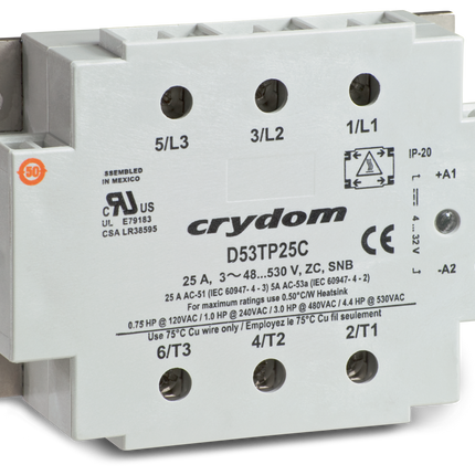D53TP25C, Solid State Relay, 3 Phase 3.5-32VDC Control, 25A, 48-530VAC Load, LED Status Indicator, IP20