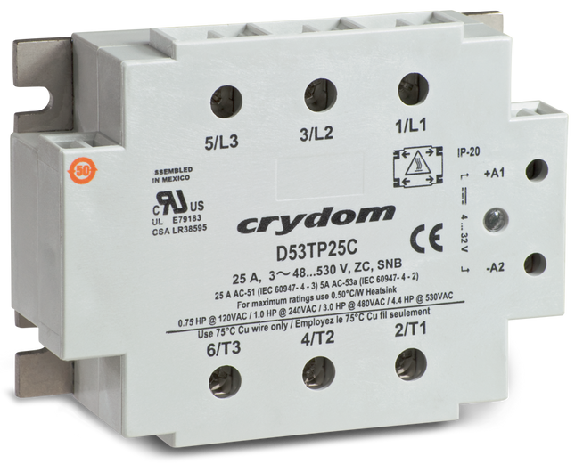 E53TP50C, Solid State Relay, 3 Phase 18-36VAC(24VAC) Control, 50A, 48-530VAC Load, LED Status Indicator, IP20