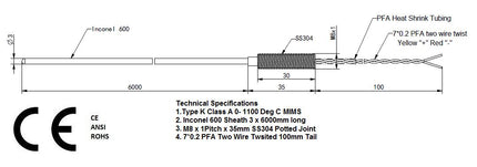 FTCK-3-6000INC-100-M8x1x35, Type K Thermocouple, Class A Inconel 600, 6000 x 3mm Probe, M8x1mm Threaded 35mm SS304 Potted Junction, w/ 100mm PFA Twisted Wire, ANSI-Temperature Sensor-Fastron Electronics-Fastron Electronics Store