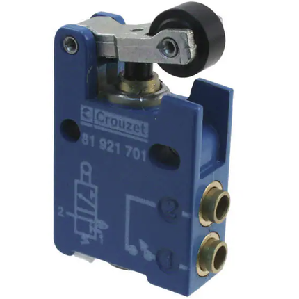 81921701, Position Detector, 3/2 Normally Closed, Lever, Roller, 1 ~ 116PSI (0.1 ~ 8 bar), Diameter 0.106" (2.70mm), Push-In Connection for Tubing 5/32" (4.00mm) Dia, Operating Force 18N Chassis Mount