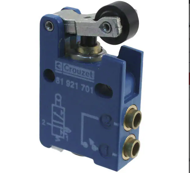 81921701, Position Detector, 3/2 Normally Closed, Lever, Roller, 1 ~ 116PSI (0.1 ~ 8 bar), Diameter 0.106" (2.70mm), Push-In Connection for Tubing 5/32" (4.00mm) Dia, Operating Force 18N Chassis Mount
