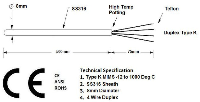 FTCK-8-500-75-D, Duplex Type K Thermocouple MIMS Class A, 500 x 8mm Probe w/ Terminal Head, -20 to 1000 Deg C, CE ANSI ROHS Approved-Temperature Sensor-Fastron Electronics-Fastron Electronics Store