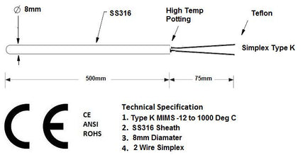 FTCK-8-500-75, Type K Thermocouple MIMS Class A, 500 x 8mm Probe w/ Terminal Head, -20 to 1000 Deg C, CE ANSI ROHS Approved-Temperature Sensor-Fastron Electronics-Fastron Electronics Store
