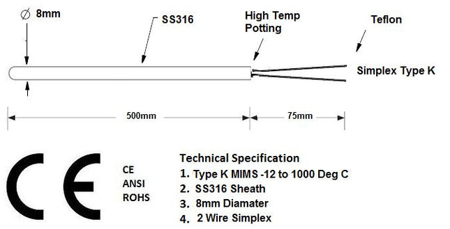 FTCK-8-500-75, Type K Thermocouple MIMS Class A, 500 x 8mm Probe w/ Terminal Head, -20 to 1000 Deg C, CE ANSI ROHS Approved-Temperature Sensor-Fastron Electronics-Fastron Electronics Store