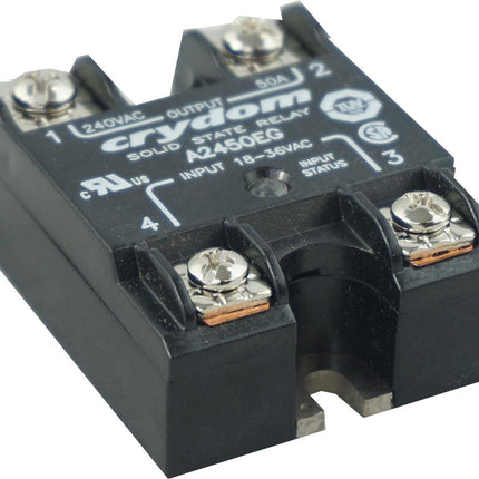 A2450EG, Solid State Relay, Single Phase 18-36VAC Control, 50A, 24-280VAC Load w/status LED