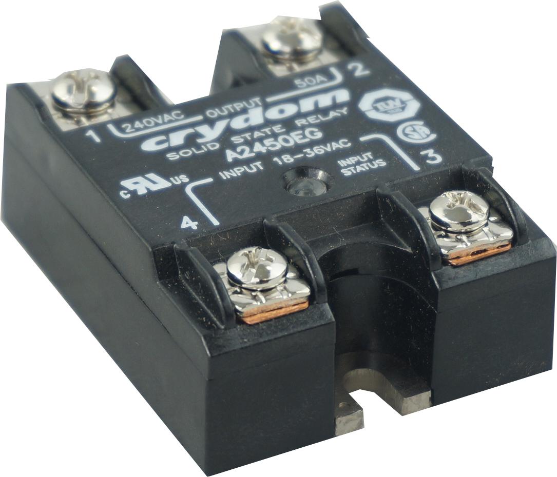 A2450EG, Solid State Relay, Single Phase 18-36VAC Control, 50A, 24-280VAC Load w/status LED