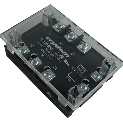 A53TP50D + KS300, Solid State Relay, 3 Phase 90-280VAC Control, 50A, 48-530VAC Load, LED Status Indicator + Cover