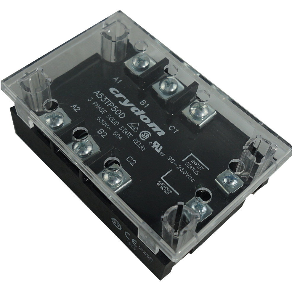A53TP50D + KS300, Solid State Relay, 3 Phase 90-280VAC Control, 50A, 48-530VAC Load, LED Status Indicator + Cover