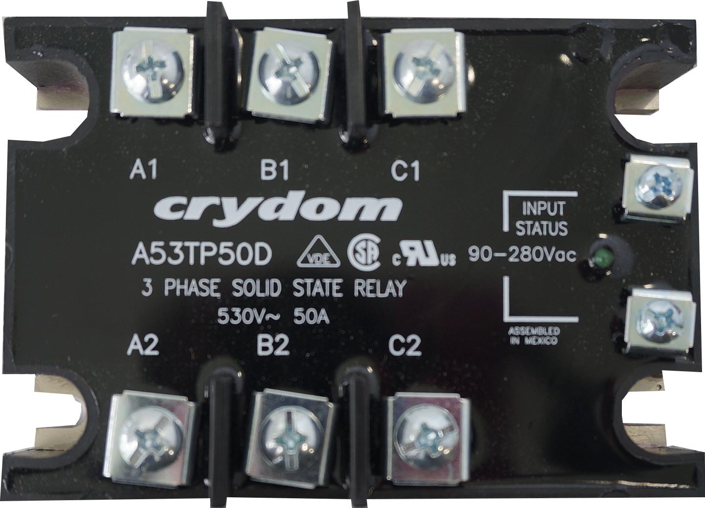 A53TP50D + KS300, Solid State Relay, 3 Phase 90-280VAC Control, 50A, 48-530VAC Load, LED Status Indicator + Cover