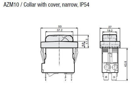4430.2031 TA45-A624F140C0-AZM10, 2 Pole Rocker Switch, Non Latched, 14 AMP, 240VAC, 1 Pole Thermal Overload Protection, Screw Connection, Embossed Green Transparent Illumination, Collar with Cover Narrow IP54