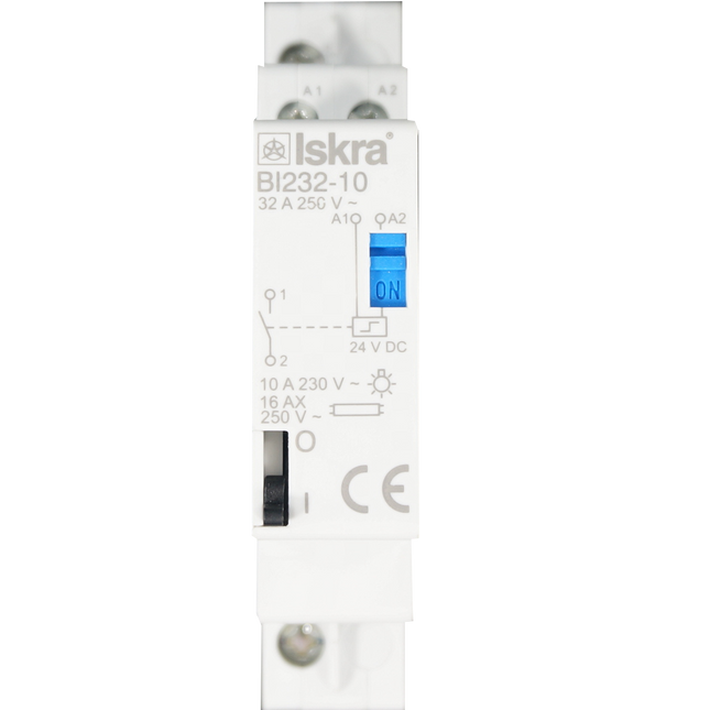 BI232-10-24VDC, One Pole 1 x NO SPST, 230VAC @ 32 Amp (Resistive), 24VDC @ 18 Amp Bistable Switch/Latching Relay with Manual Control, with 24VDC Coil Voltage