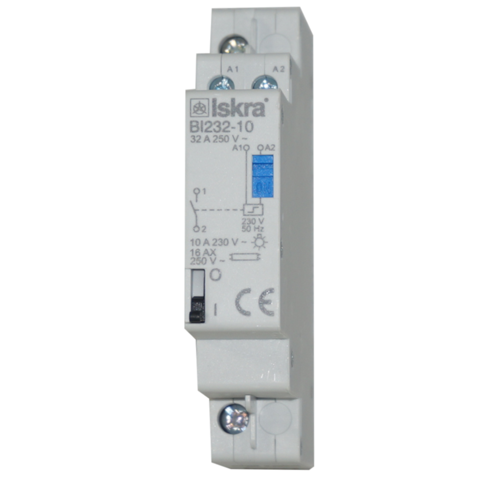 BI232-10-230VAC, Single Pole 1 x NO SPST, 230VAC @ 32 Amp (Resistive), 24VDC @ 18 Amp Bistable Switch/Latching Relay with Manual Control, with 230VAC Coil Voltage
