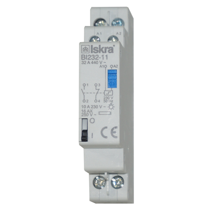 BI232-11-230VAC, Two Pole 1 x NO SPST, 1 x NC SPST, 230VAC @ 32 Amp (Resistive), 24VDC @ 32 Amp Bistable Switch/Latching Relay with Manual Control, with 230VAC Coil Voltage