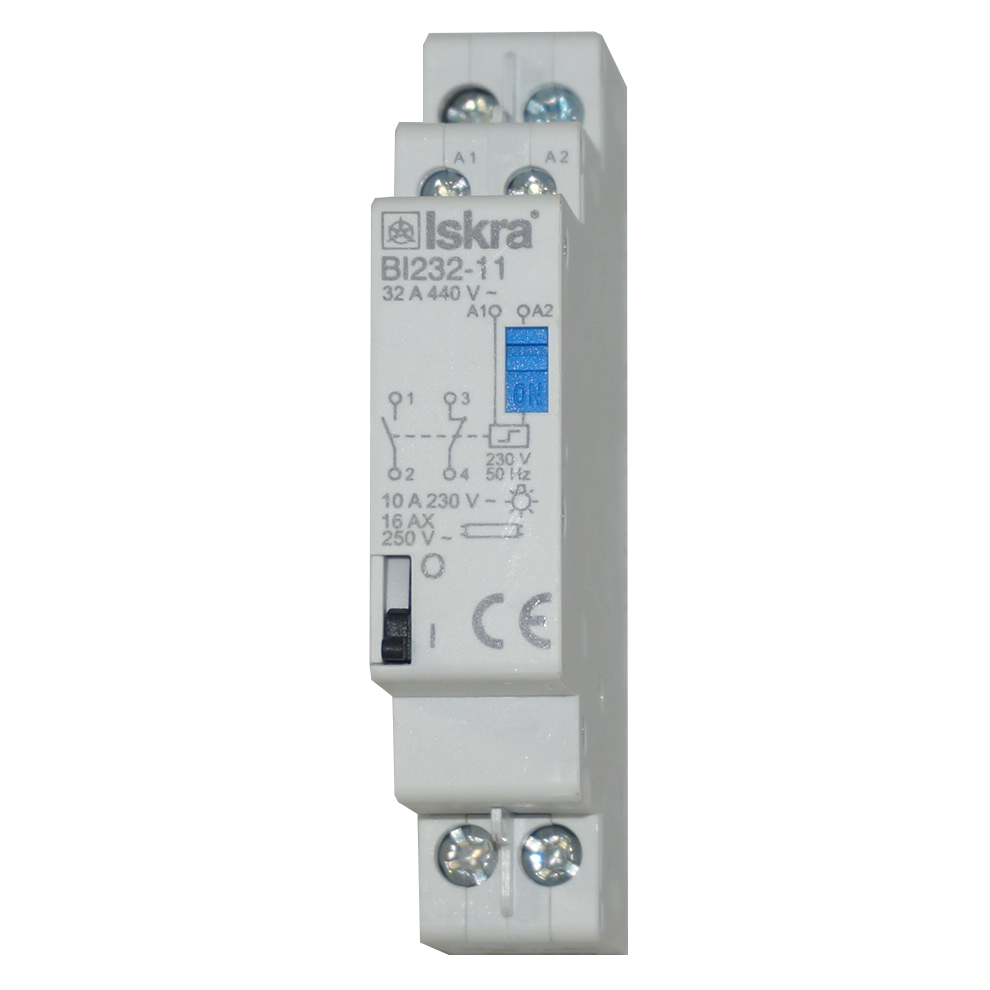 BI232-11-230VAC, Two Pole 1 x NO SPST, 1 x NC SPST, 230VAC @ 32 Amp (Resistive), 24VDC @ 32 Amp Bistable Switch/Latching Relay with Manual Control, with 230VAC Coil Voltage