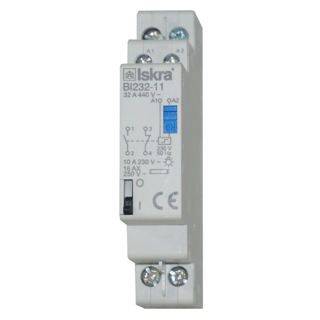 BI232-11-230VAC, Two Pole 1 x NO SPST, 1 x NC SPST, 230VAC @ 32 Amp (Resistive), 24VDC @ 32 Amp Bistable Switch/Latching Relay with Manual Control, with 230VAC Coil Voltage