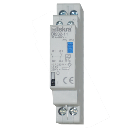 BI232-11-24VAC, Two Pole 1 x NO SPST, 1 x NC SPST, 230VAC @ 32 Amp (Resistive), 24VDC @ 32 Amp Bistable Switch/Latching Relay with Manual Control, with 24VAC Coil Voltage