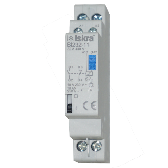 BI232-11-24VAC, Two Pole 1 x NO SPST, 1 x NC SPST, 230VAC @ 32 Amp (Resistive), 24VDC @ 32 Amp Bistable Switch/Latching Relay with Manual Control, with 24VAC Coil Voltage