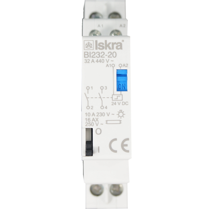 BI232-11-24VDC, Two Pole 1 x NO SPST, 1 x NC SPST, 230VAC @ 32 Amp (Resistive), 24VDC @ 32 Amp Bistable Switch/Latching Relay with Manual Control, with 24VDC Coil Voltage