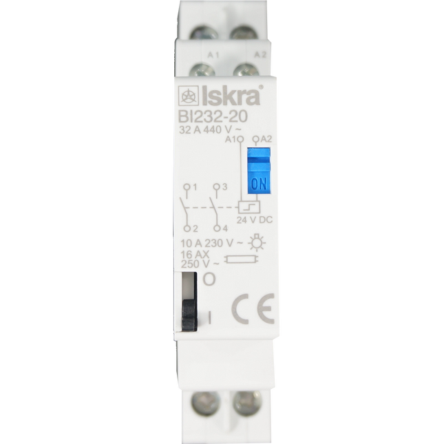 BI232-11-24VDC, Two Pole 1 x NO SPST, 1 x NC SPST, 230VAC @ 32 Amp (Resistive), 24VDC @ 32 Amp Bistable Switch/Latching Relay with Manual Control, with 24VDC Coil Voltage