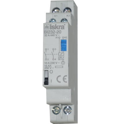 BI232-20-230VAC, Two Pole 2 x NO SPST, 230VAC @ 32 Amp (Resistive), 24VDC @ 32 Amp Bistable Switch/Latching Relay with Manual Control, with 230VAC Coil Voltage