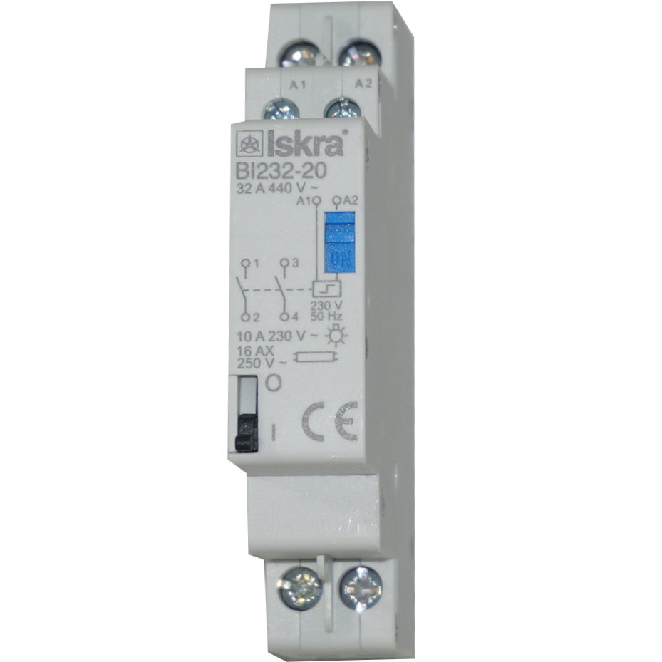 BI232-20-230VAC, Two Pole 2 x NO SPST, 230VAC @ 32 Amp (Resistive), 24VDC @ 32 Amp Bistable Switch/Latching Relay with Manual Control, with 230VAC Coil Voltage