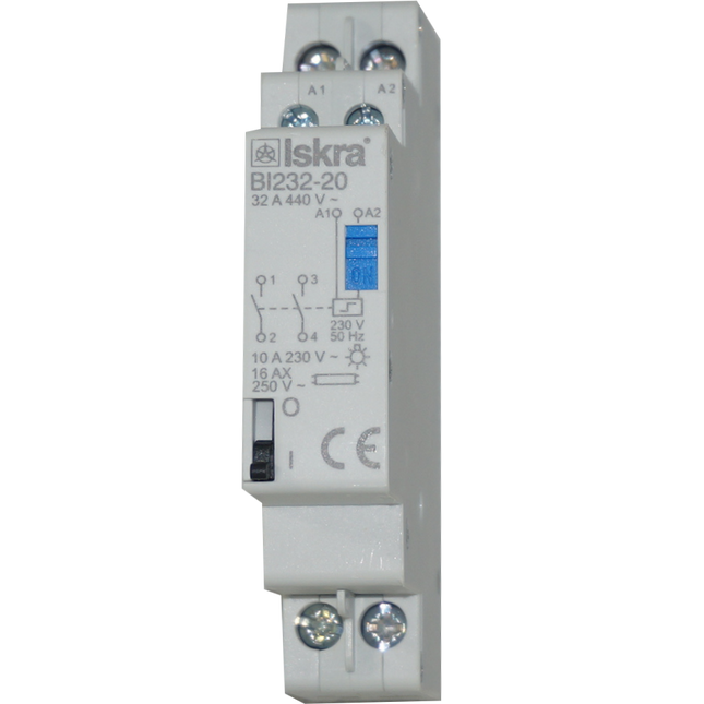 BI232-20-230VAC, Two Pole 2 x NO SPST, 230VAC @ 32 Amp (Resistive), 24VDC @ 32 Amp Bistable Switch/Latching Relay with Manual Control, with 230VAC Coil Voltage