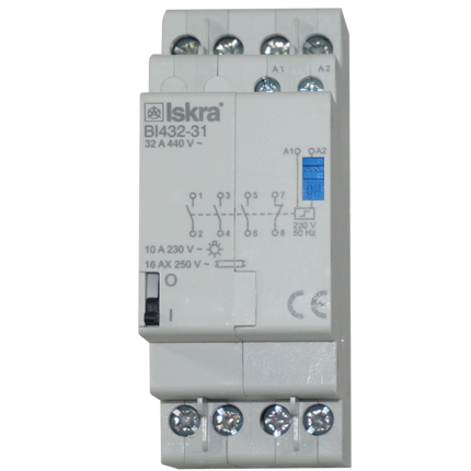 BI432-31-230VAC, Four Pole 3 x SPST NO 1 x SPST NC Bistable Switch/Latching Relay with Manual Control, 440VAC, 32 Amp 230VAC Coil Voltage (Resistive)