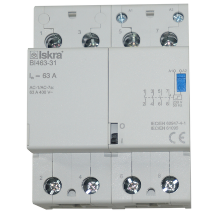BI463-31-230VAC, Four Pole 3 x SPST NO 1 x SPST NC Bistable Switch/Latching Relay with Manual Control, 440VAC, 63 Amp 230VAC Coil Voltage (Resistive)
