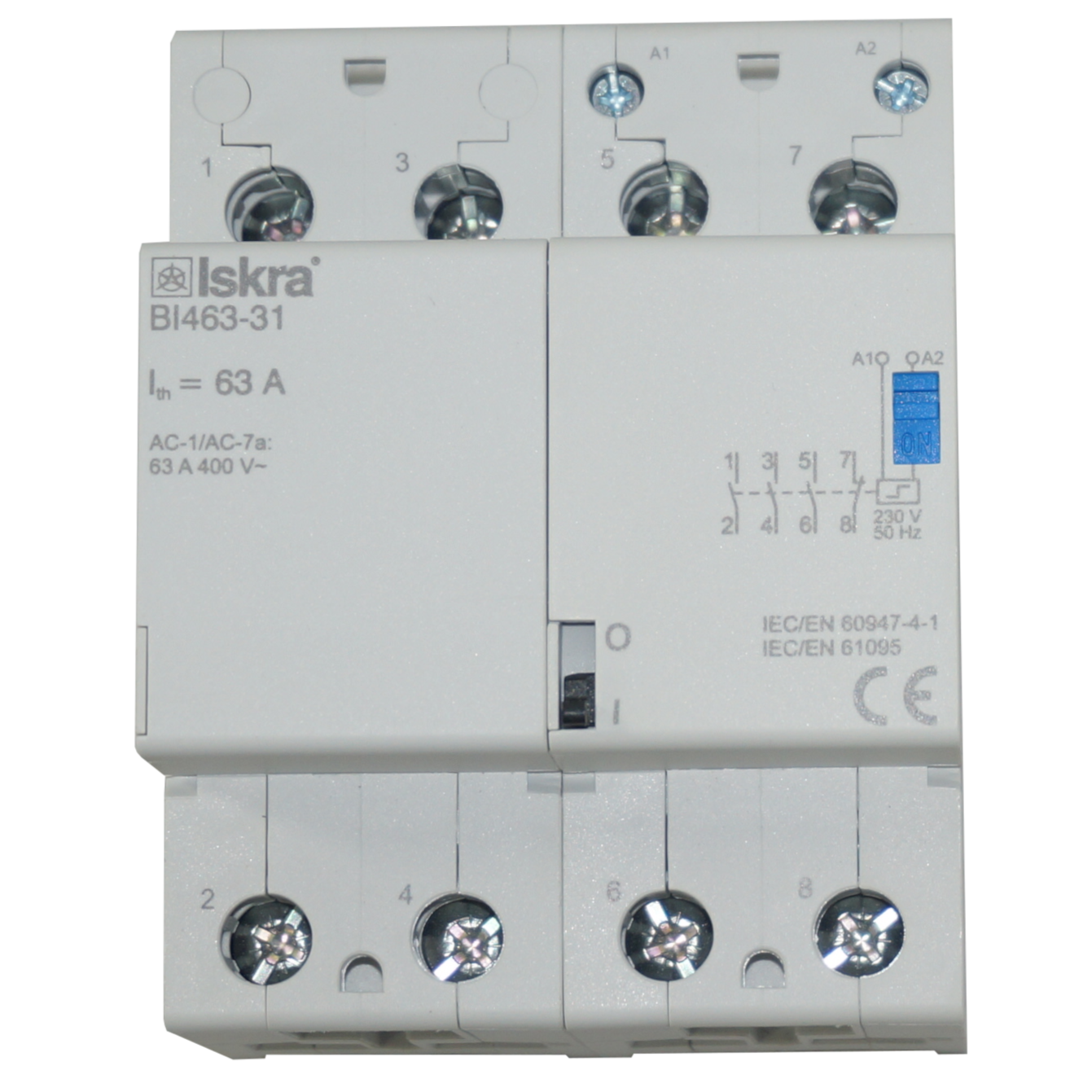 BI463-31-230VAC, Four Pole 3 x SPST NO 1 x SPST NC Bistable Switch/Latching Relay with Manual Control, 440VAC, 63 Amp 230VAC Coil Voltage (Resistive)