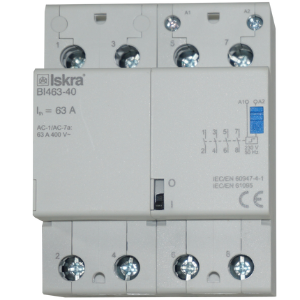 BI463-40-230VAC, Four Pole 4 x SPST NO Bistable Switch/Latching Relay with Manual Control, 440VAC, 63 Amp 230VAC Coil Voltage (Resistive)