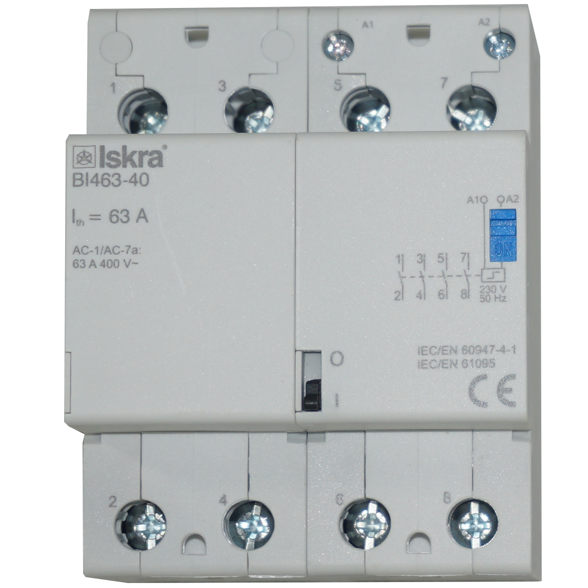 BI463-40-230VAC, Four Pole 4 x SPST NO Bistable Switch/Latching Relay with Manual Control, 440VAC, 63 Amp 230VAC Coil Voltage (Resistive)