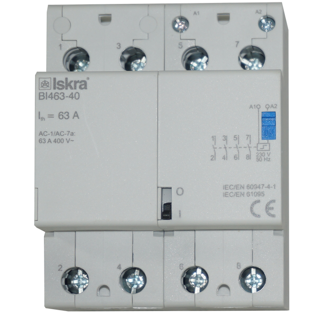 BI463-40-230VAC, Four Pole 4 x SPST NO Bistable Switch/Latching Relay with Manual Control, 440VAC, 63 Amp 230VAC Coil Voltage (Resistive)
