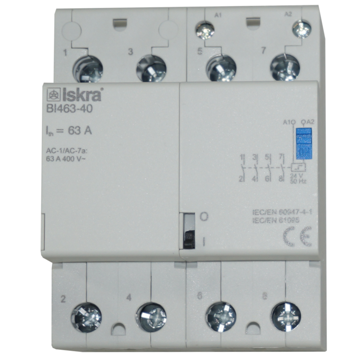 BI463-40-24VAC, Four Pole 4 x SPST NO Bistable Switch/Latching Relay with Manual Control, 440VAC, 63 Amp 24VAC Coil Voltage (Resistive)