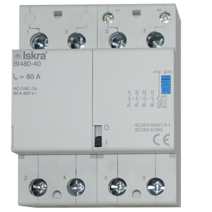 BI480-40-230VAC, Four Pole 4 x SPST NO Bistable Switch/Latching Relay with Manual Control, 440VAC, 80 Amp 230VAC Coil Voltage (Resistive)