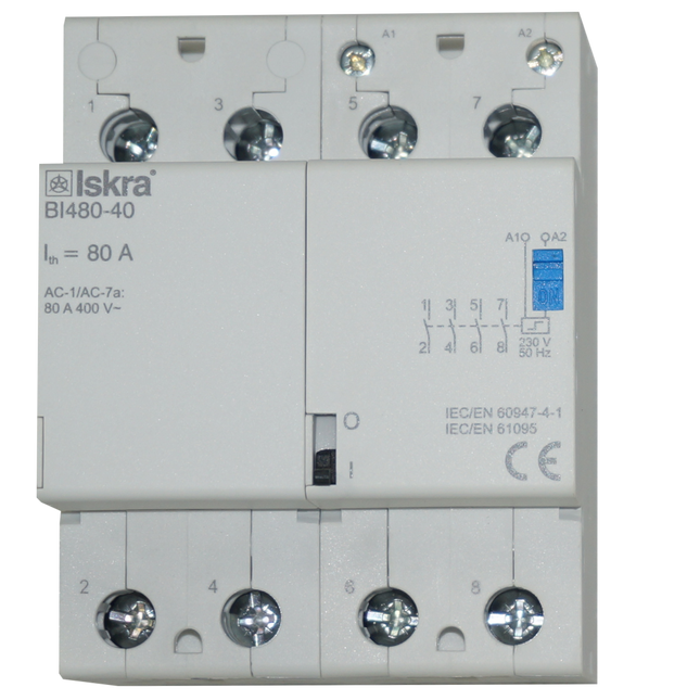 BI480-40-230VAC, Four Pole 4 x SPST NO Bistable Switch/Latching Relay with Manual Control, 440VAC, 80 Amp 230VAC Coil Voltage (Resistive)