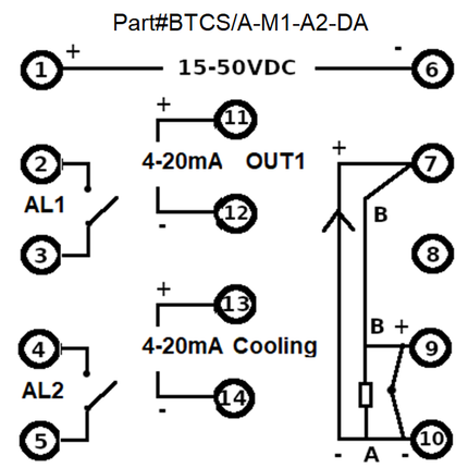 BTCS/A-M1-A2-DA, PID Controller 48x48mm, 15-50VDC, 4-20mA output 2 Alarms, 4-20mA Cooling, Multirange TC/RTD/4-20mA Input
