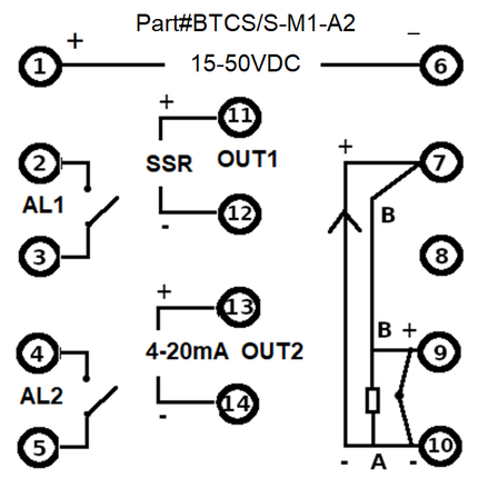 BTCS/S-M1-A2, PID Controller 48x48mm, 15-50VDC, SSR output 2 Alarms, Multirange TC/RTD/SSR 24VDC @ 30mA Input