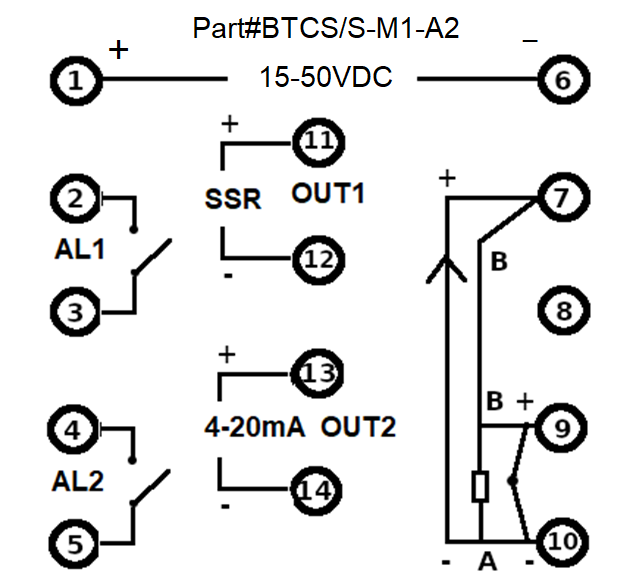BTCS/S-M1-A2, PID Controller 48x48mm, 15-50VDC, SSR output 2 Alarms, Multirange TC/RTD/SSR 24VDC @ 30mA Input