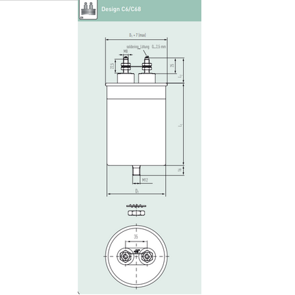 E62.M17-103C60, 10uF, Heavy Duty AC Film Capacitor ø75 x 176mm, M8x25 terminals with Bushing. C6 Design, Voltage: 2000VAC/3400VDC