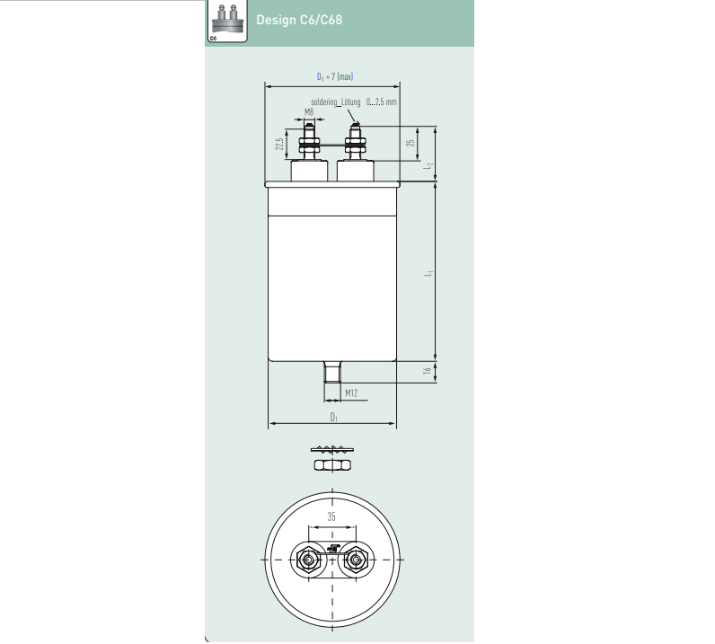 E62.P17-124C60, 120uF, Heavy Duty AC Film Capacitor ø95 x 176mm, M6x12 terminals with Bushing. C6 Design, 850VAC/1400VDC,
