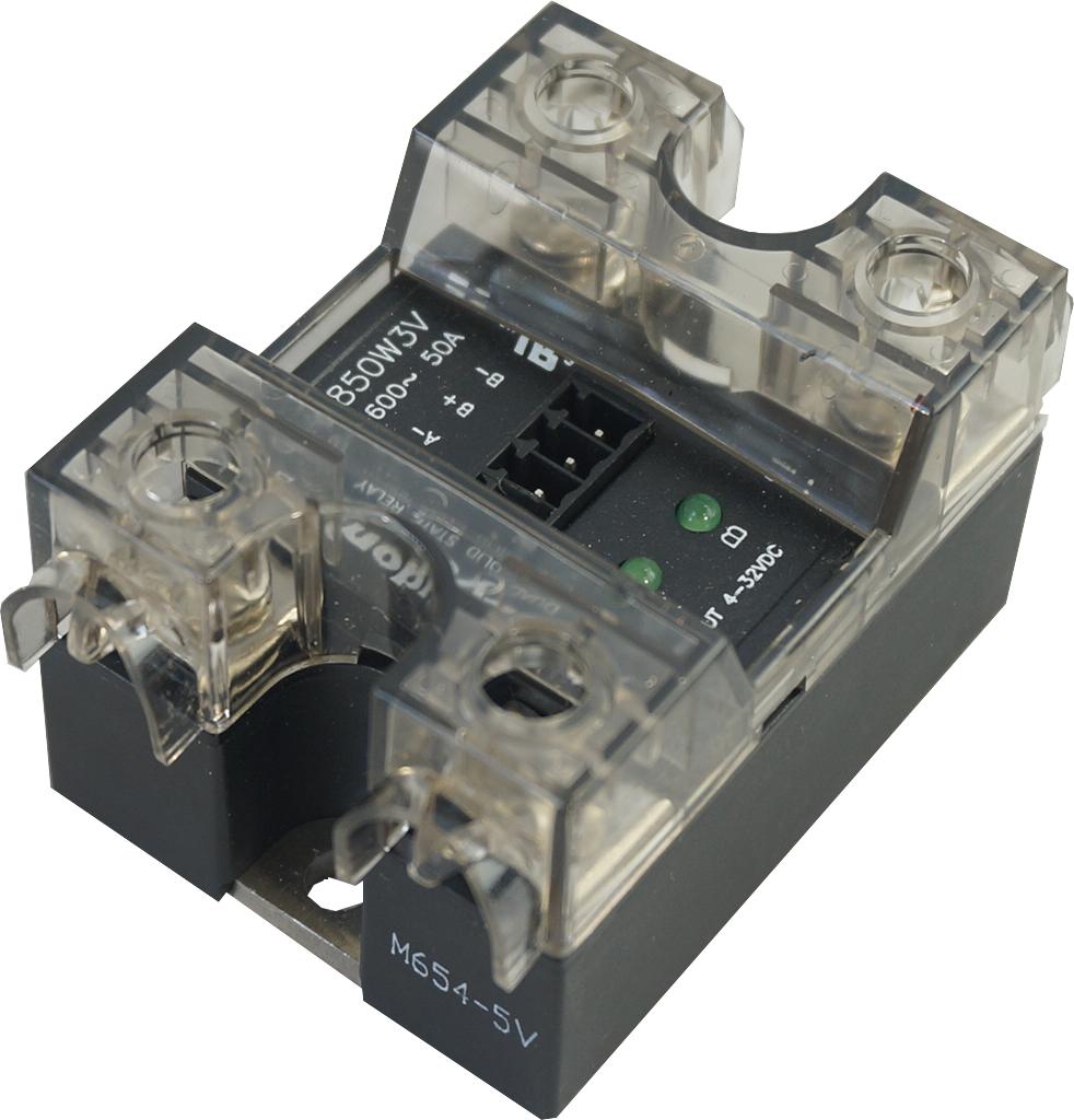 CC4850W3VH, Dual Solid State Relay, Two Pole 2 x 50 Amp, 4-32VDC Control, 600VAC Output, 4 Screw Terminal, A Channel Left, B Channel Right, w/ IP20 Plastic Cover