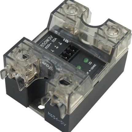 CC4850W3VH, Dual Solid State Relay, Two Pole 2 x 50 Amp, 4-32VDC Control, 600VAC Output, 4 Screw Terminal, A Channel Left, B Channel Right, w/ IP20 Plastic Cover