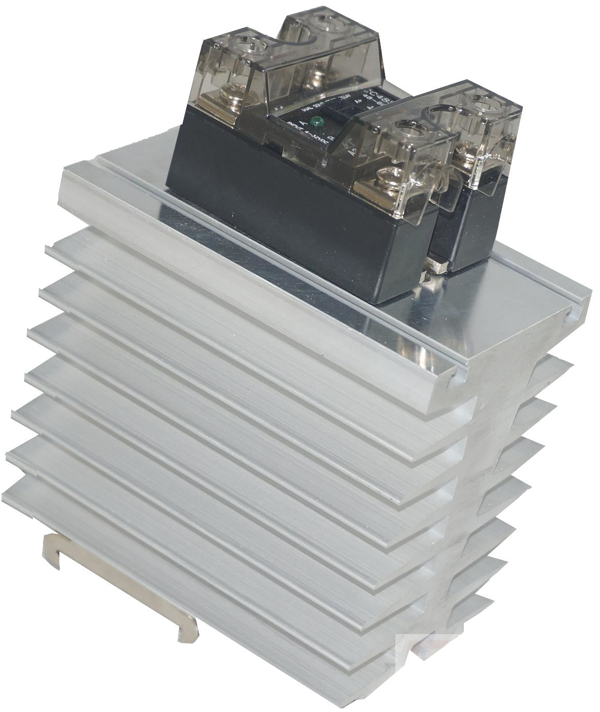 GFIN/150M-DR + CC4850W3VH, Din Rail Mount Dual Solid State Relay with Heatsink, 4-32VDC Control Input, LED Status Indicator, 1200V Transient withstand, 48-600VAC Output, 2 x 39 Amps @ 40 Deg C ambient